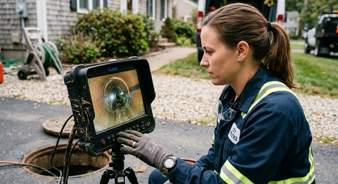 Technician reviewing sewer camera inspection footage in Hastings