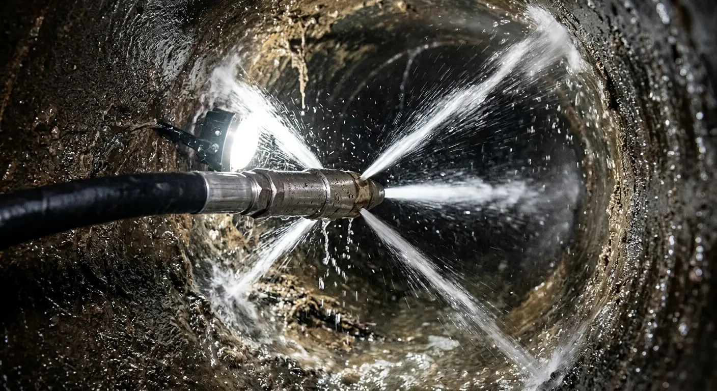 High-pressure hydro jetting nozzle cleaning sewer pipe for Emergency Drain Service in Hastings