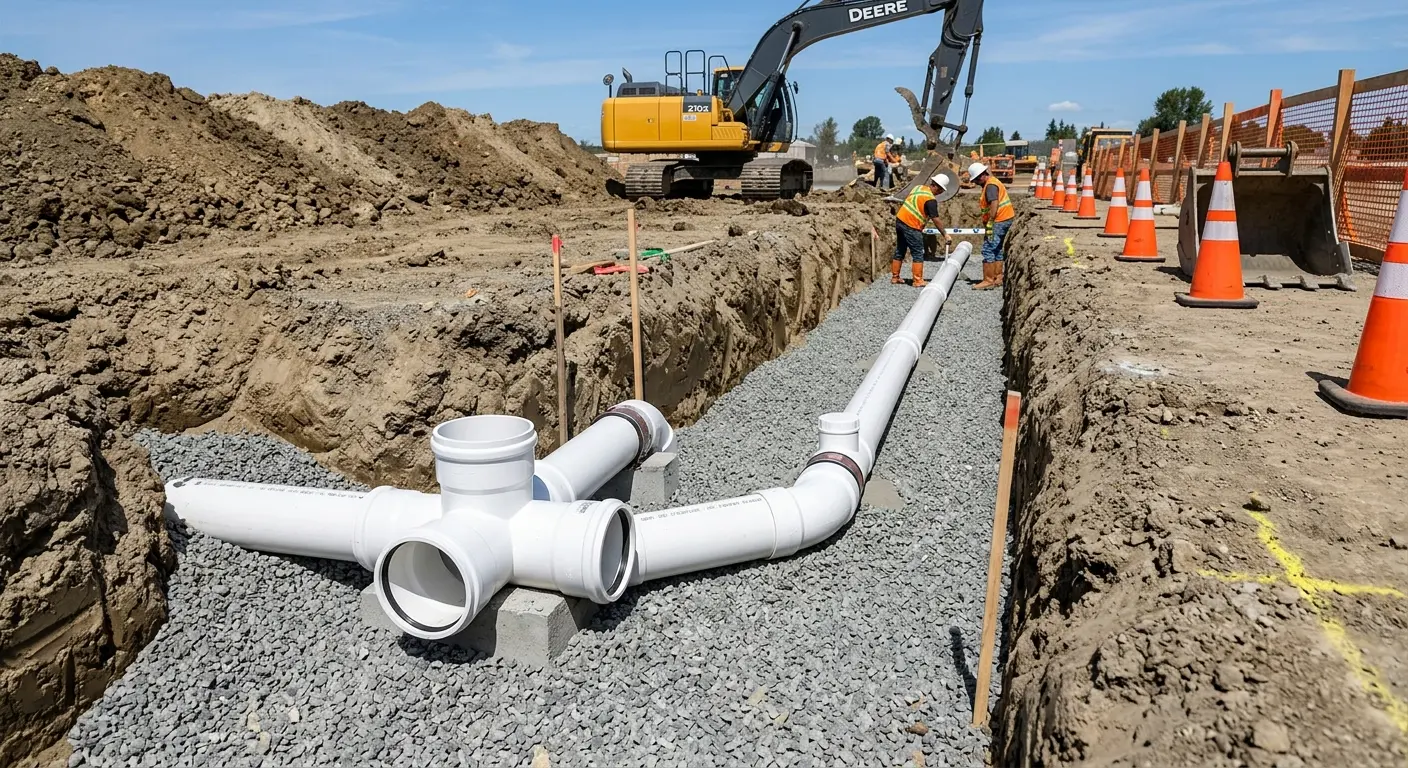 New PVC sewer pipe installation in open trench for Commercial Drain Cleaning in Hastings